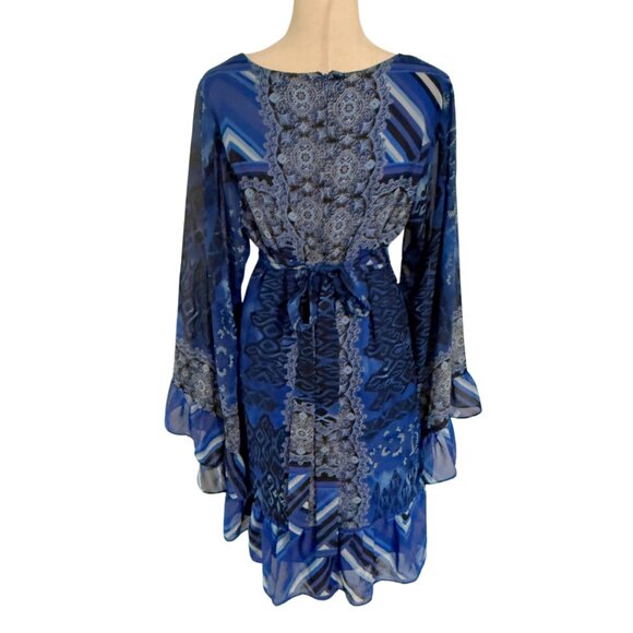 Betsey Johnson Size 14 Blue Boho Dress Bell Ruffle Long Sleeves V-Neck Pattern - Picture 4 of 10